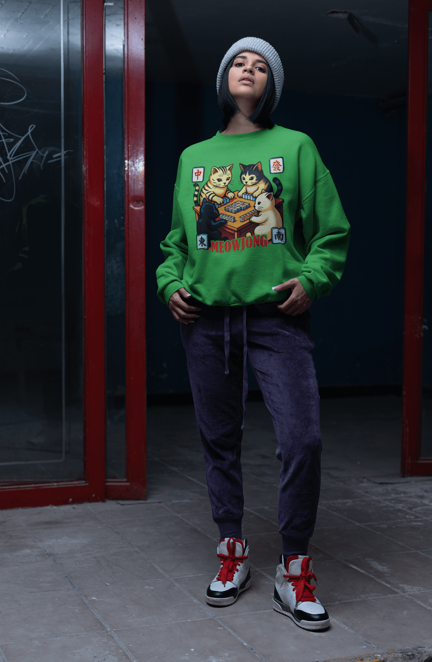 Meowjong Crewneck Sweatshirt — Cute Cats Playing Mahjong Graphic Sweatshirt