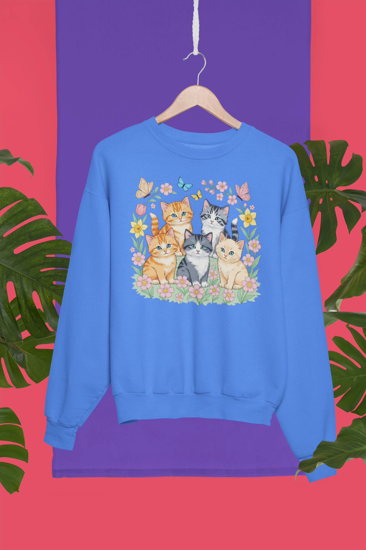 Cute Floral Cats Crewneck Sweatshirt — Kittens & Butterflies Graphic