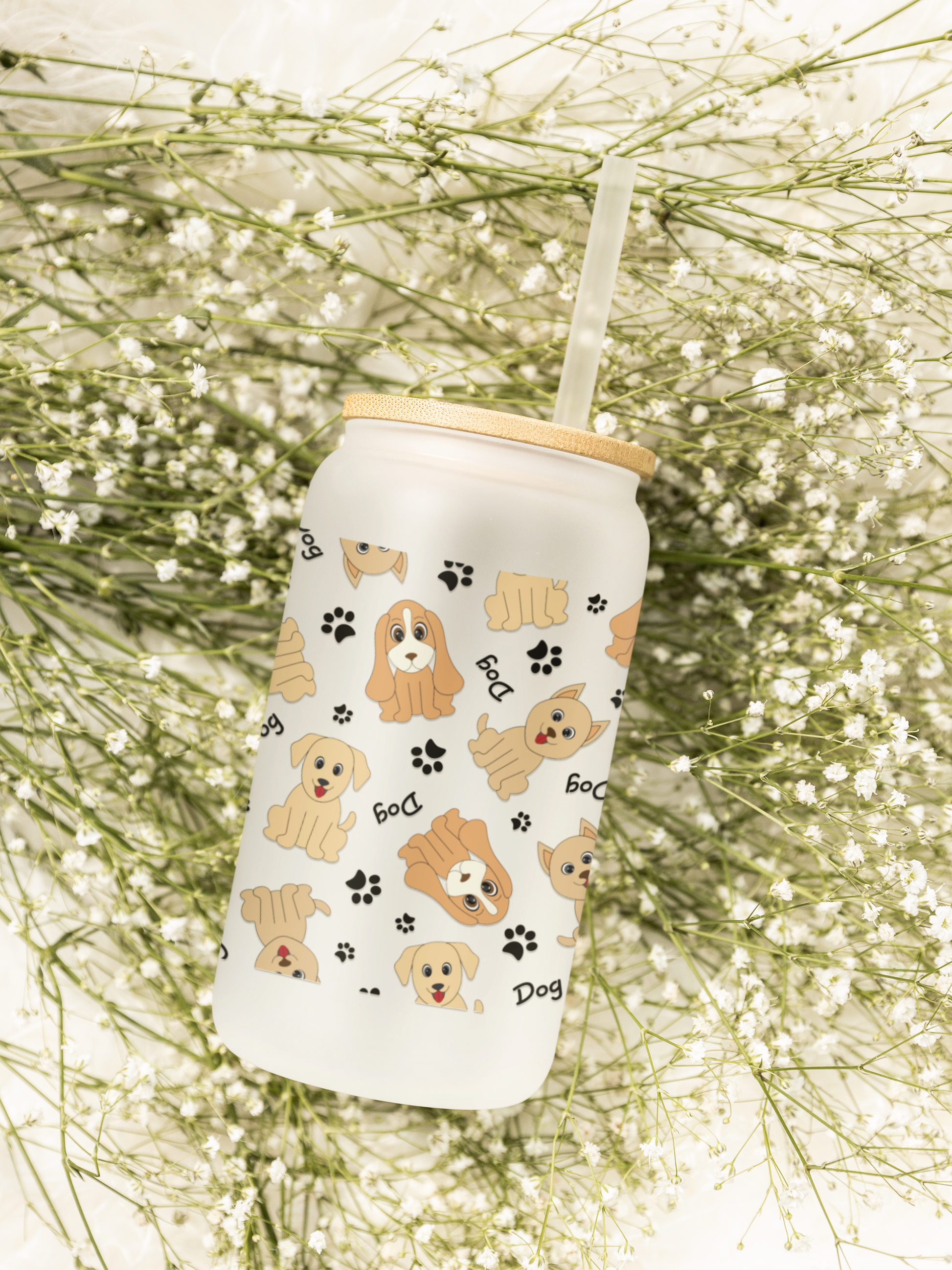 Dog Pattern Engraved Sipper Glass with Straw