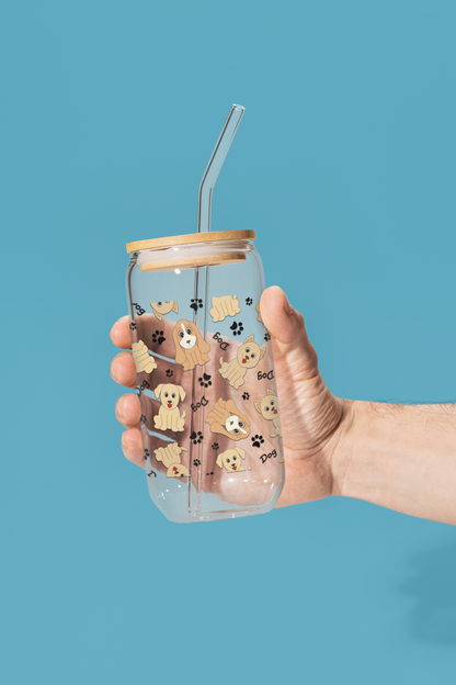 Dog Pattern Engraved Sipper Glass with Straw