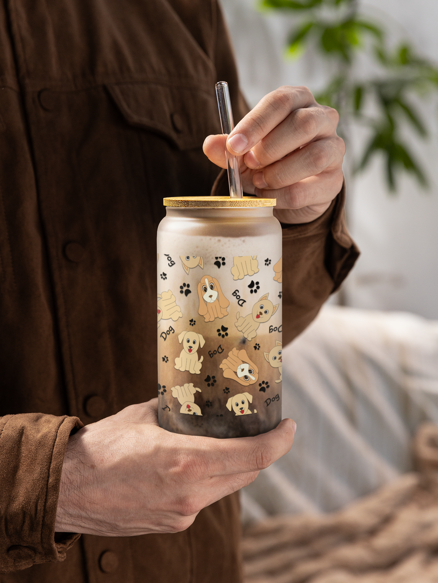 Dog Pattern Engraved Sipper Glass with Straw