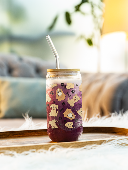 Dog Pattern Engraved Sipper Glass with Straw