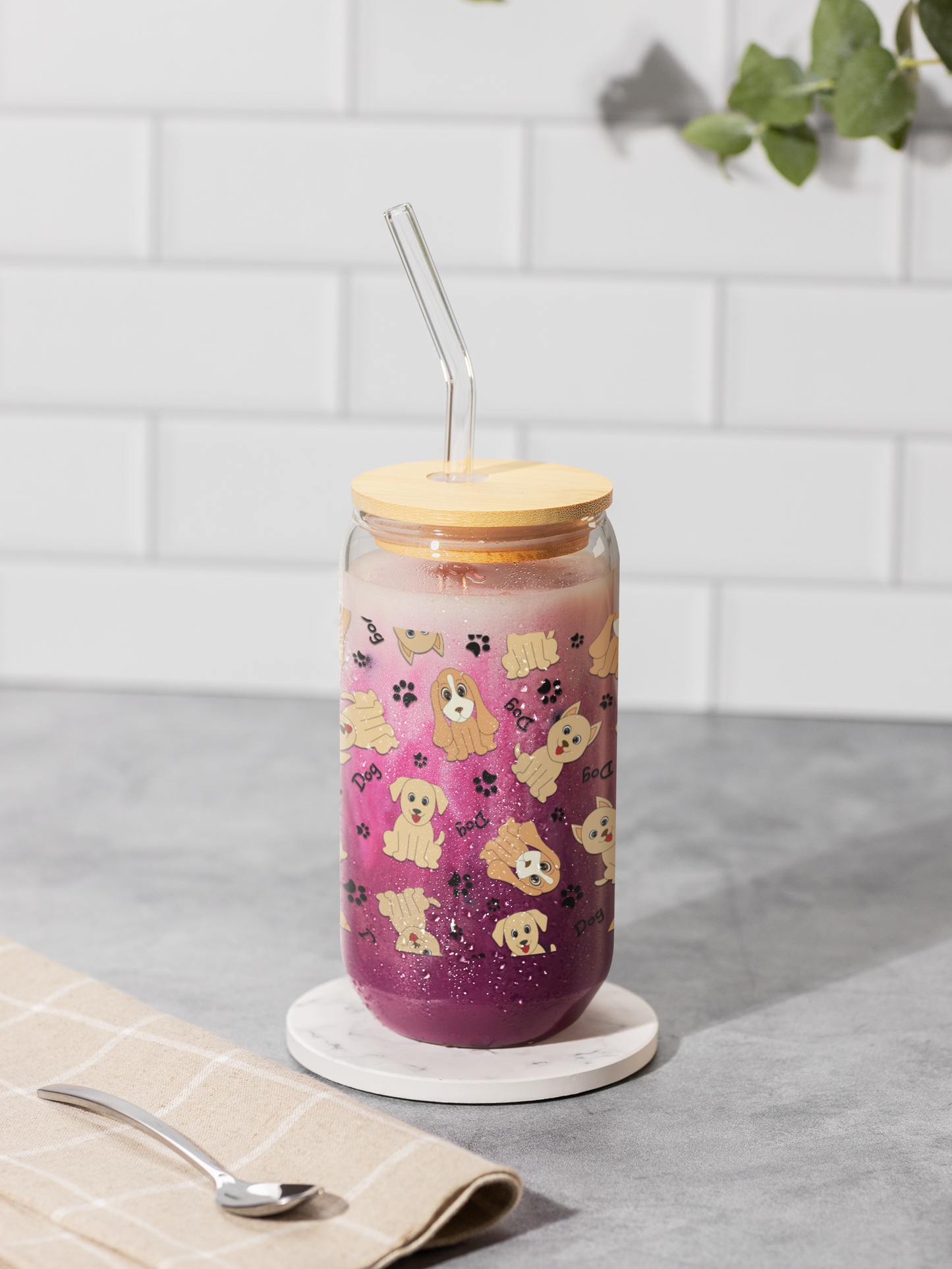 Dog Pattern Engraved Sipper Glass with Straw