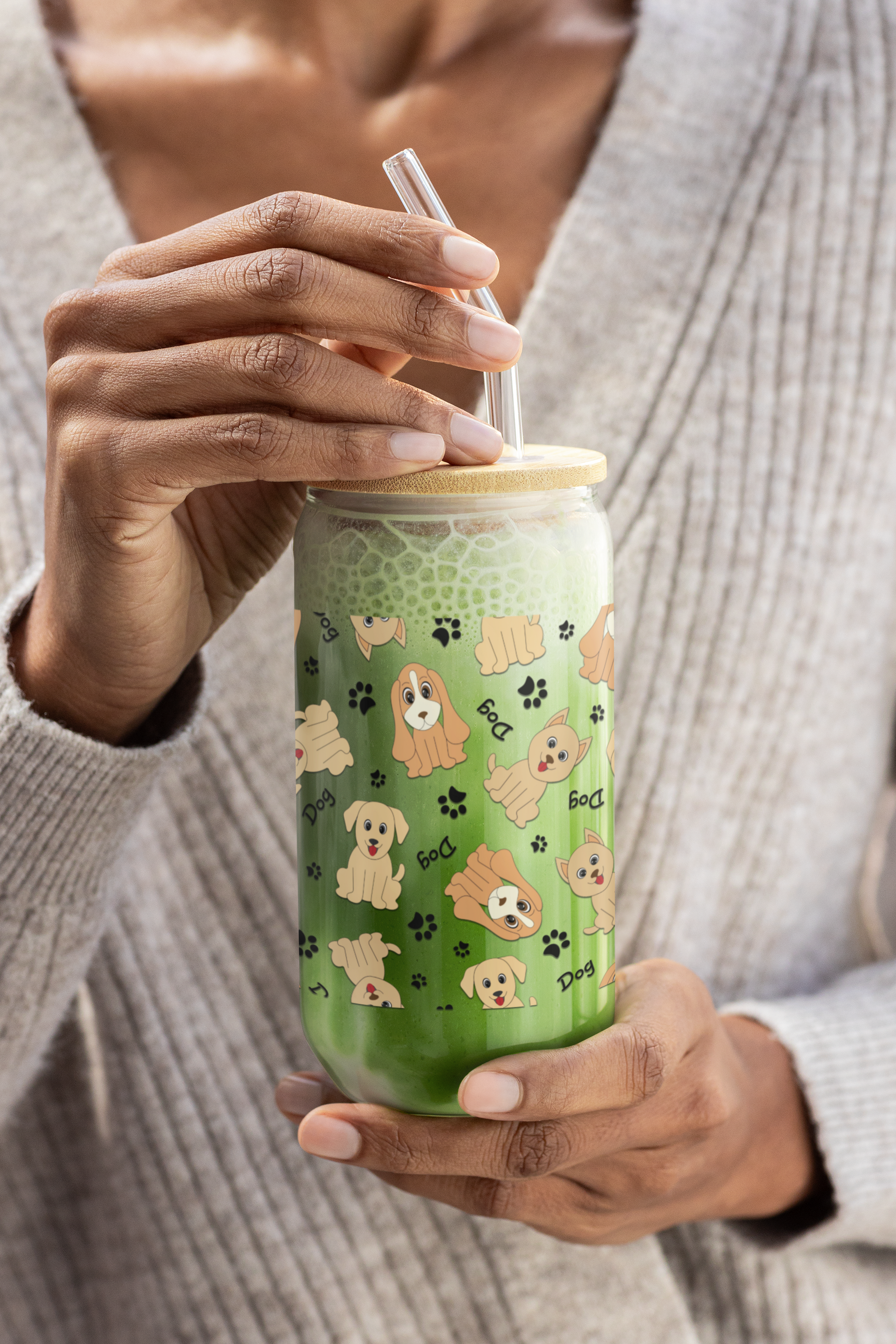 Dog Pattern Engraved Sipper Glass with Straw