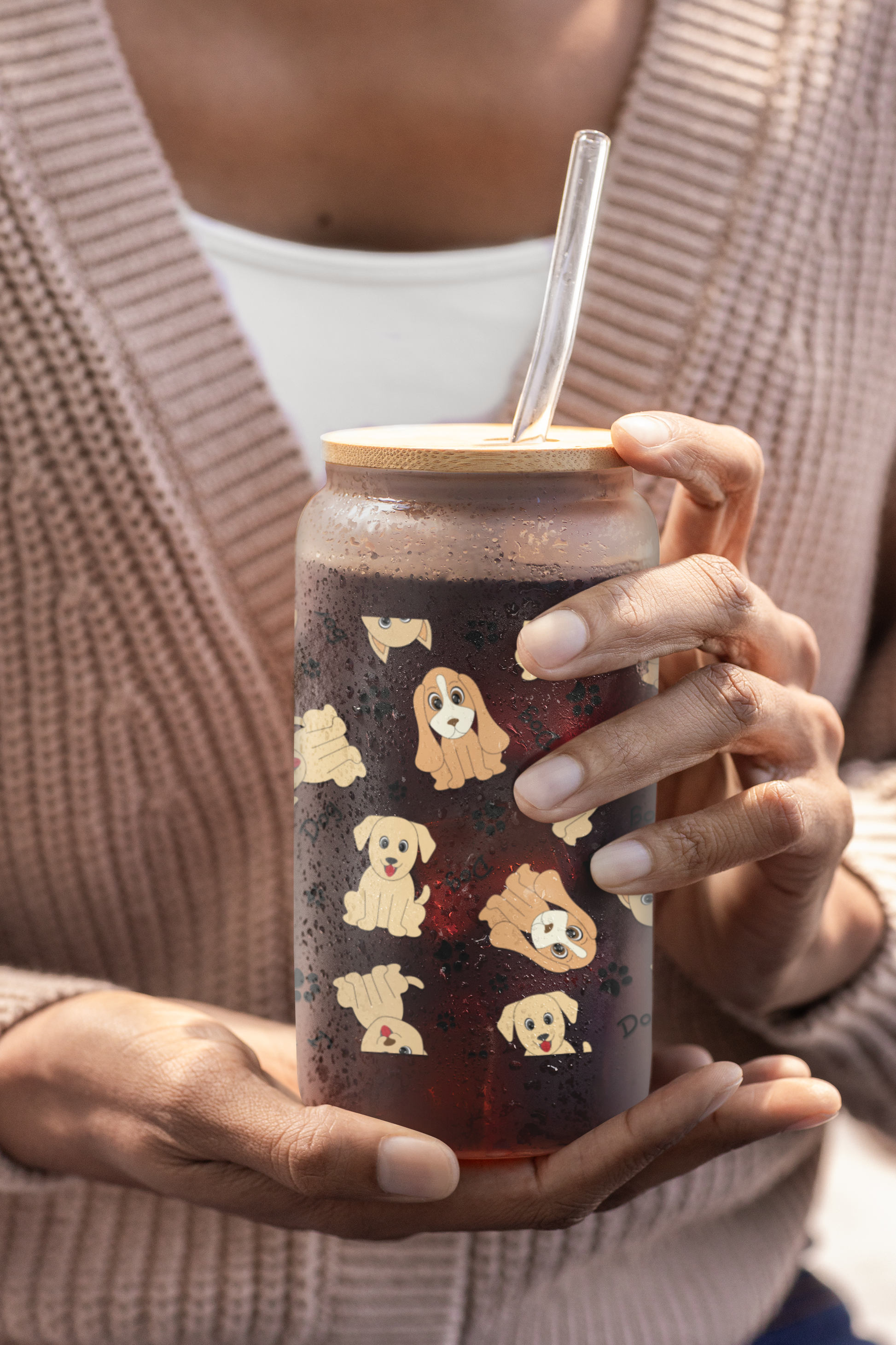 Dog Pattern Engraved Sipper Glass with Straw