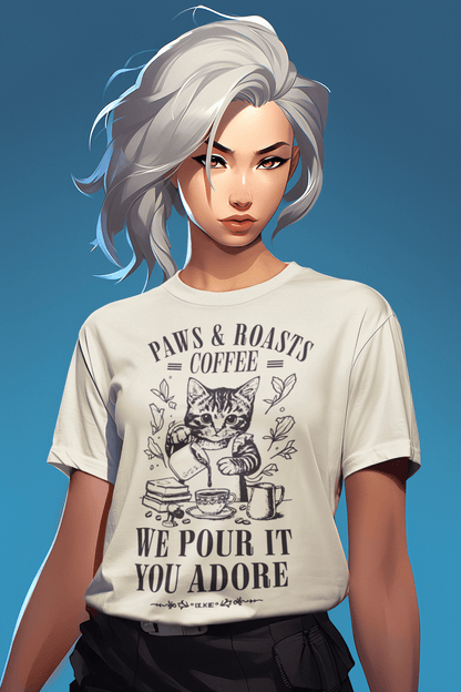 Cat Coffee T-Shirt — “Paws & Roasts” We Pour It, You Adore Cat Lover Tee