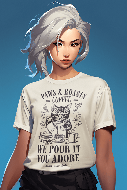 Cat Coffee T-Shirt — “Paws & Roasts” We Pour It, You Adore Cat Lover Tee
