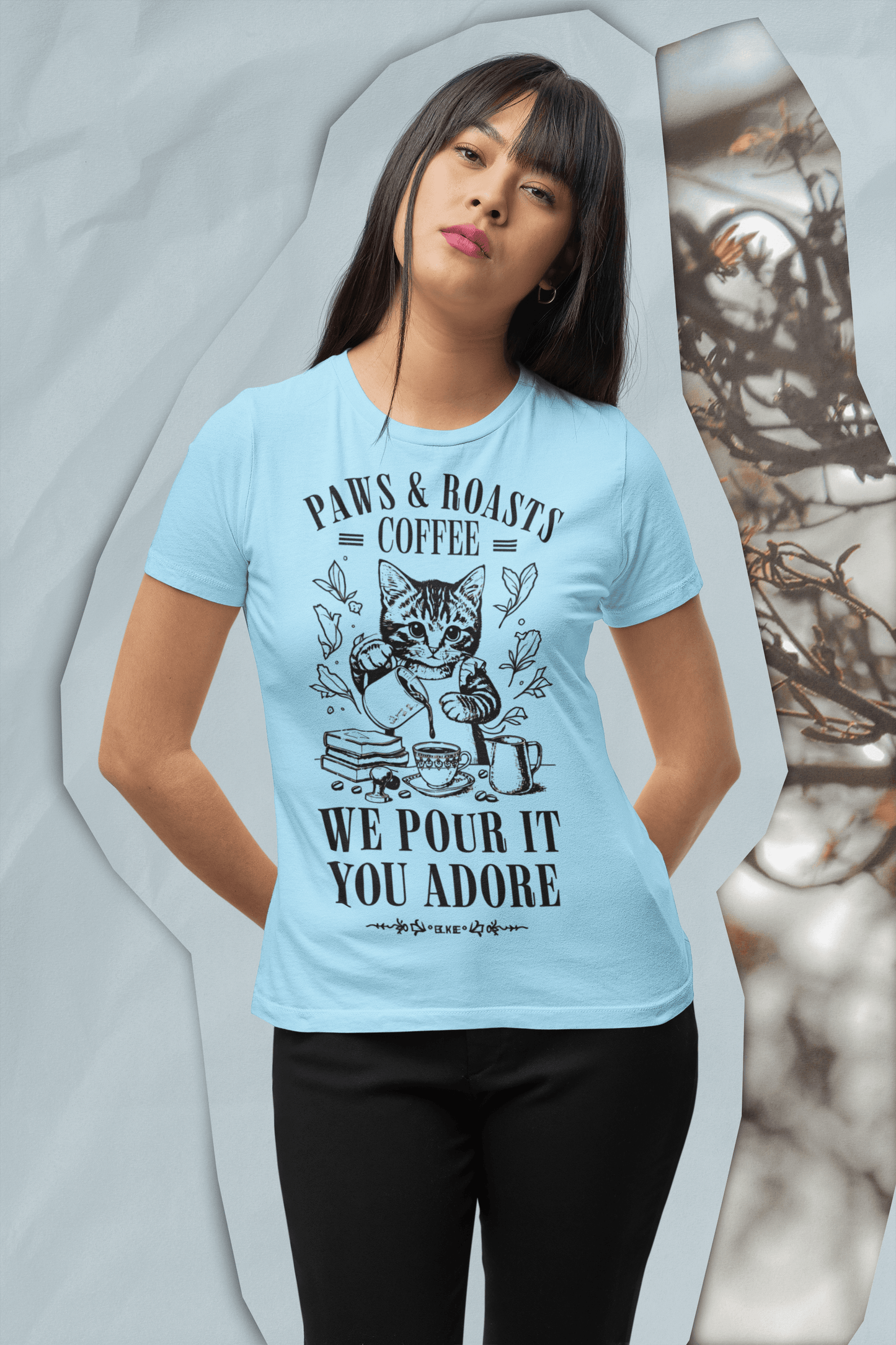Cat Coffee T-Shirt — “Paws & Roasts” We Pour It, You Adore Cat Lover Tee
