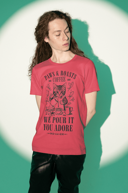 Cat Coffee T-Shirt — “Paws & Roasts” We Pour It, You Adore Cat Lover Tee
