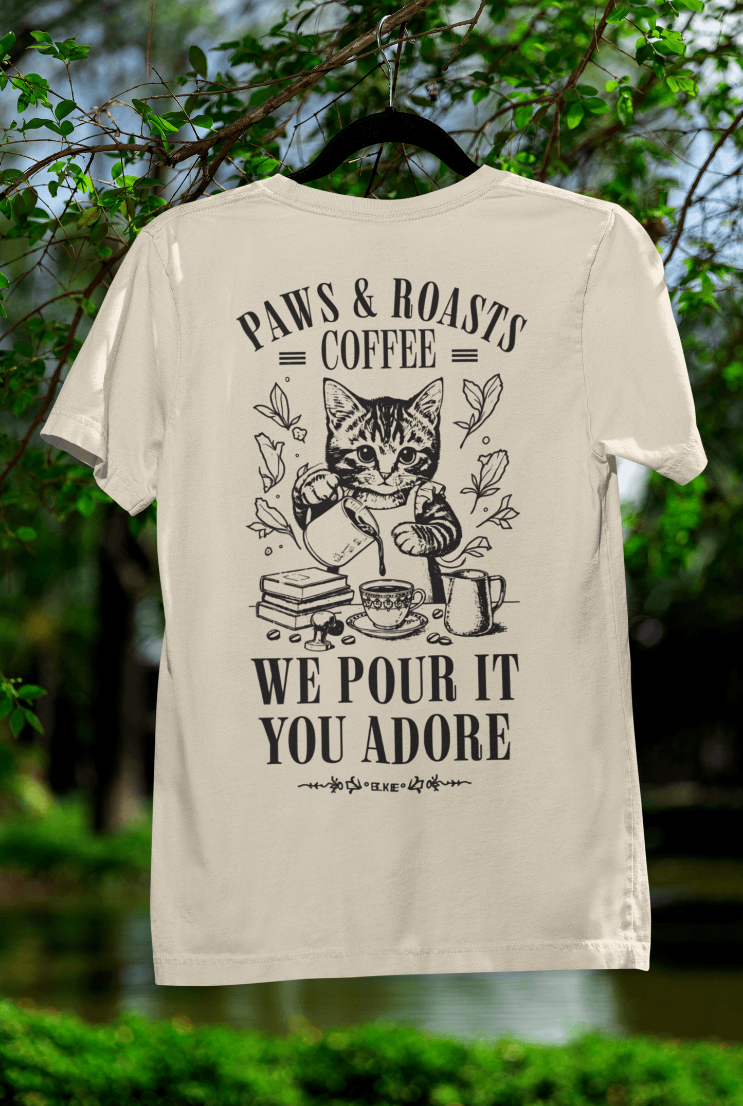 Cat Coffee T-Shirt — “Paws & Roasts” We Pour It, You Adore Cat Lover Tee