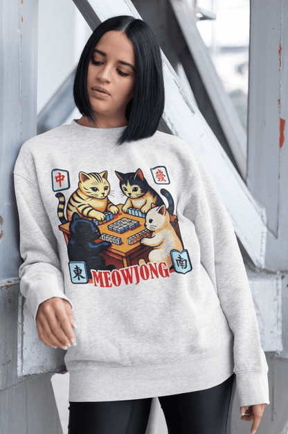 Meowjong Crewneck Sweatshirt — Cute Cats Playing Mahjong Graphic Sweatshirt