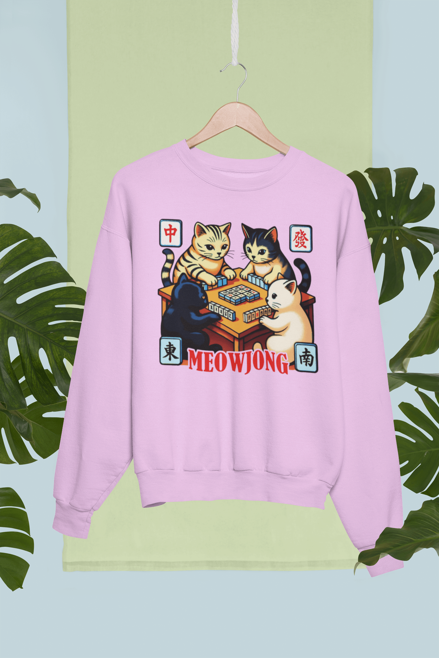 Meowjong Crewneck Sweatshirt — Cute Cats Playing Mahjong Graphic Sweatshirt