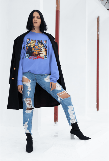 Meowjong Crewneck Sweatshirt — Cute Cats Playing Mahjong Graphic Sweatshirt