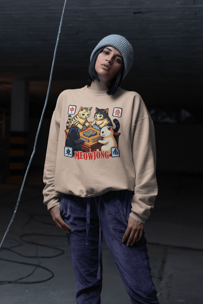 Meowjong Crewneck Sweatshirt — Cute Cats Playing Mahjong Graphic Sweatshirt
