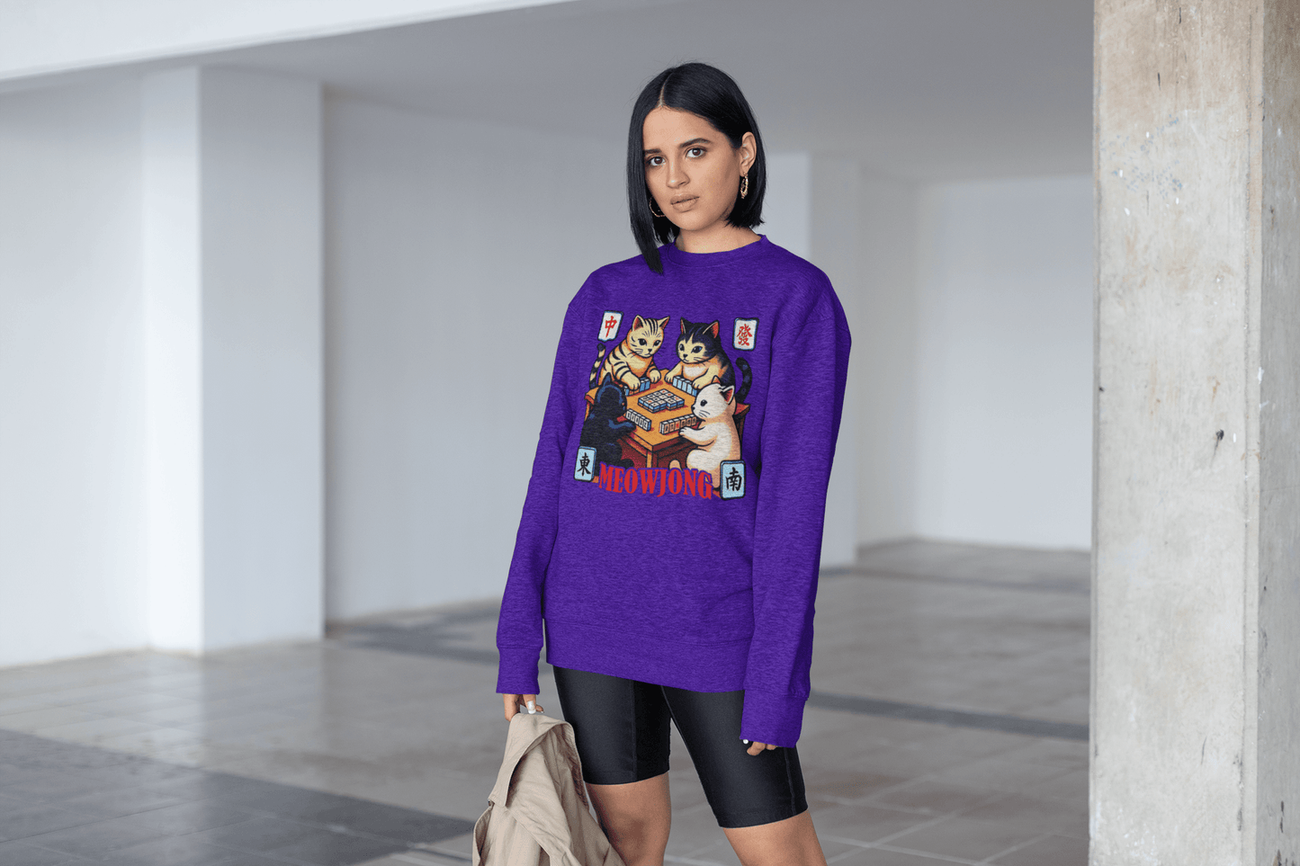 Meowjong Crewneck Sweatshirt — Cute Cats Playing Mahjong Graphic Sweatshirt