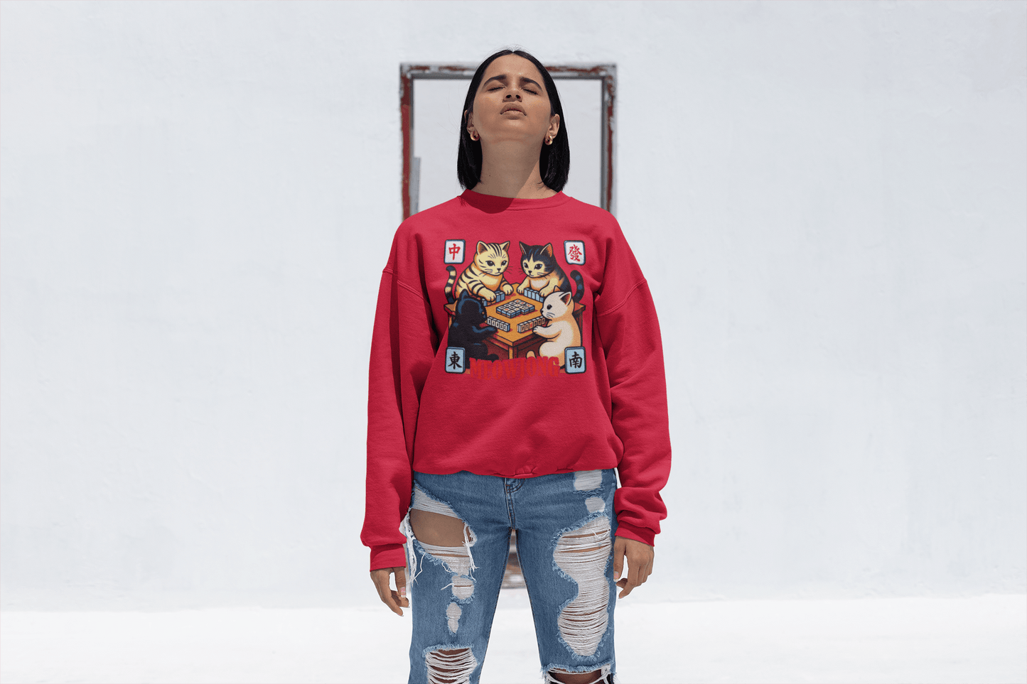 Meowjong Crewneck Sweatshirt — Cute Cats Playing Mahjong Graphic Sweatshirt