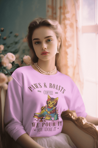 Coffee Cat Crewneck Sweatshirt - "Paws & Roasts: We Pour It" Cozy Cafe Pullover