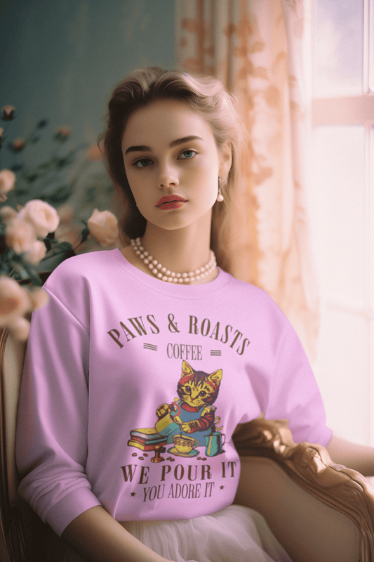 Coffee Cat Crewneck Sweatshirt - "Paws & Roasts: We Pour It" Cozy Cafe Pullover