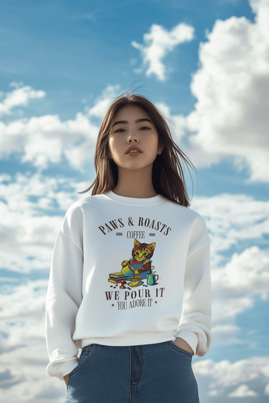 Coffee Cat Crewneck Sweatshirt - "Paws & Roasts: We Pour It" Cozy Cafe Pullover