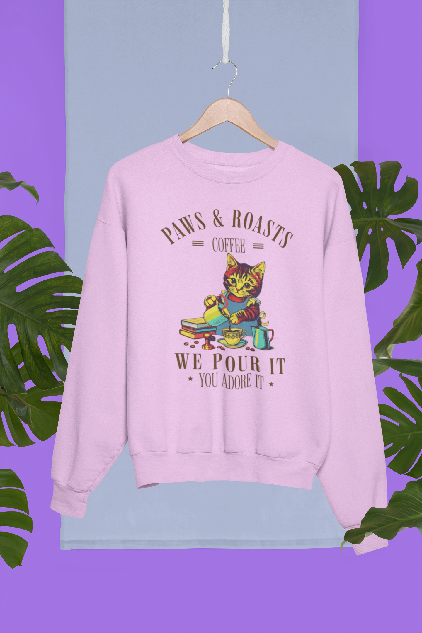 Coffee Cat Crewneck Sweatshirt - "Paws & Roasts: We Pour It" Cozy Cafe Pullover