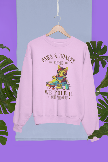 Coffee Cat Crewneck Sweatshirt - "Paws & Roasts: We Pour It" Cozy Cafe Pullover
