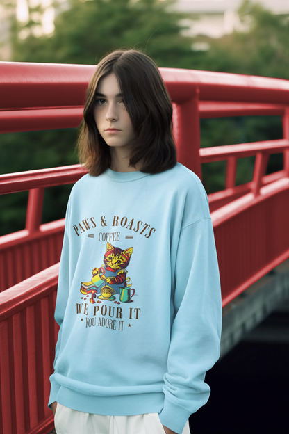 Coffee Cat Crewneck Sweatshirt - "Paws & Roasts: We Pour It" Cozy Cafe Pullover