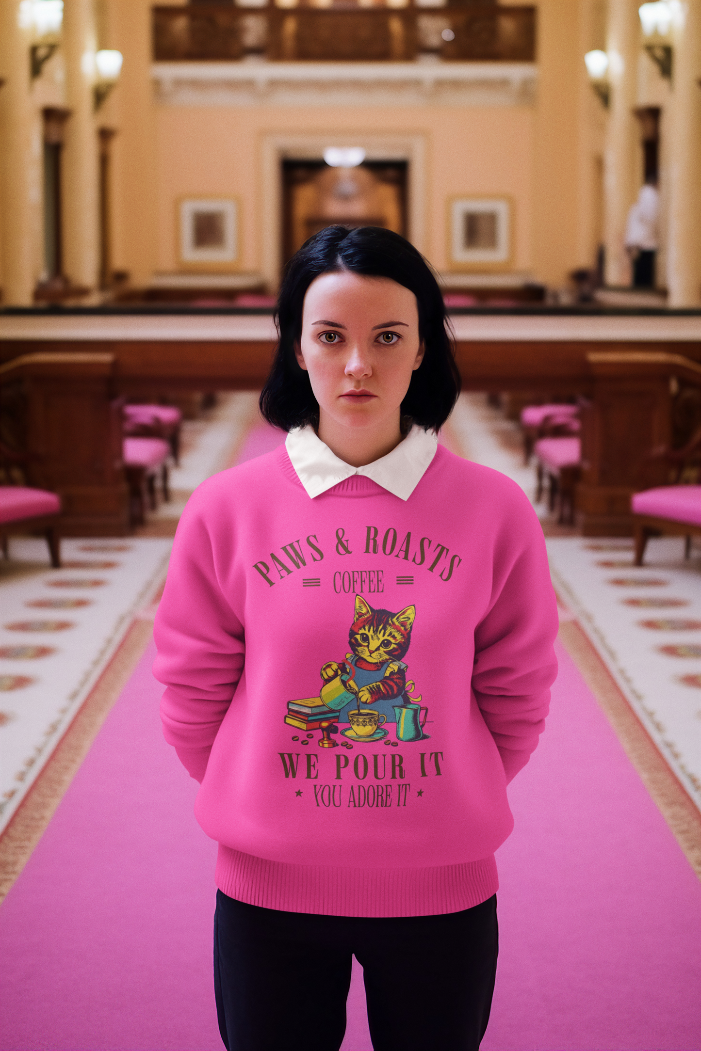 Coffee Cat Crewneck Sweatshirt - "Paws & Roasts: We Pour It" Cozy Cafe Pullover