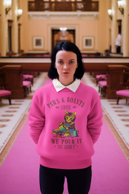 Coffee Cat Crewneck Sweatshirt - "Paws & Roasts: We Pour It" Cozy Cafe Pullover