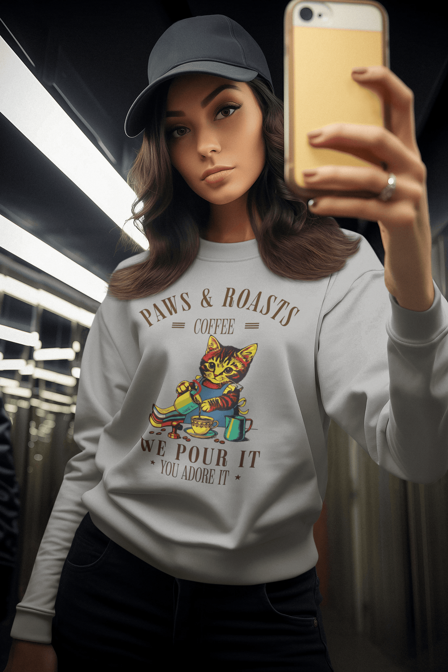 Coffee Cat Crewneck Sweatshirt - "Paws & Roasts: We Pour It" Cozy Cafe Pullover