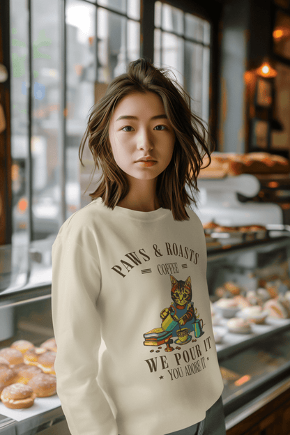 Coffee Cat Crewneck Sweatshirt - "Paws & Roasts: We Pour It" Cozy Cafe Pullover