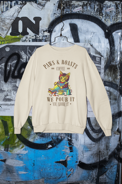 Coffee Cat Crewneck Sweatshirt - "Paws & Roasts: We Pour It" Cozy Cafe Pullover