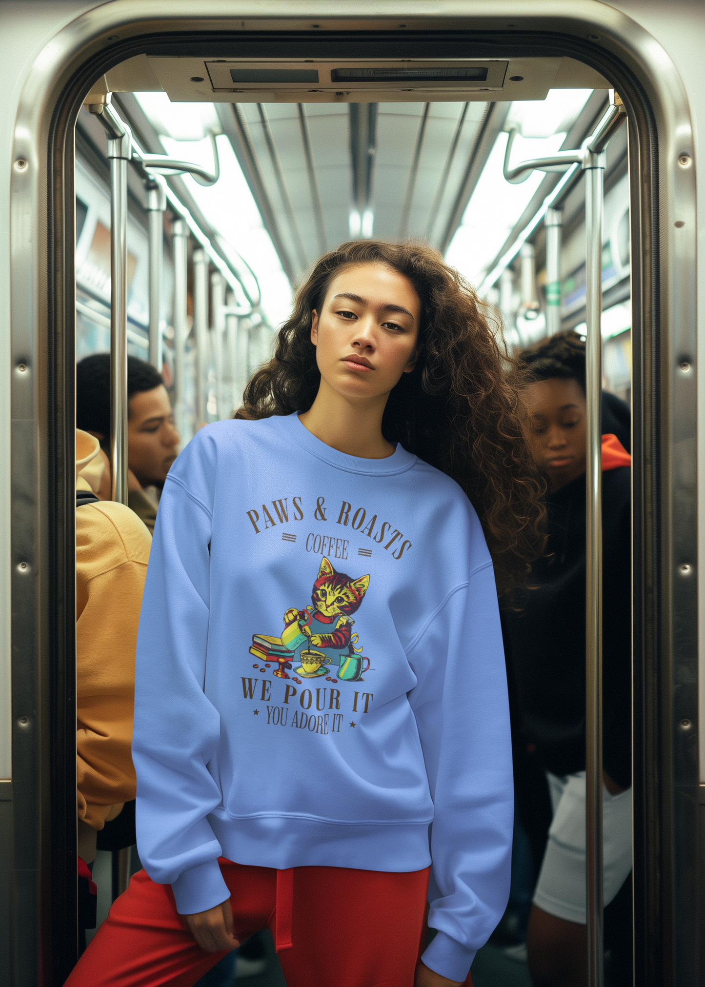 Coffee Cat Crewneck Sweatshirt - "Paws & Roasts: We Pour It" Cozy Cafe Pullover