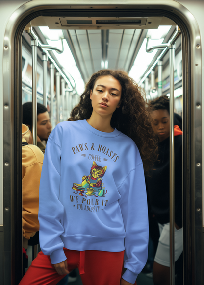 Coffee Cat Crewneck Sweatshirt - "Paws & Roasts: We Pour It" Cozy Cafe Pullover
