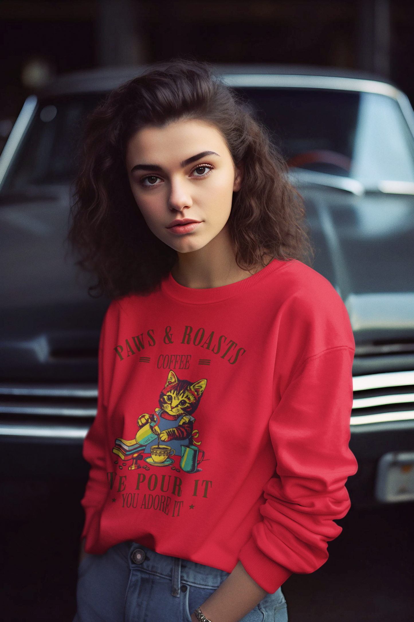 Coffee Cat Crewneck Sweatshirt - "Paws & Roasts: We Pour It" Cozy Cafe Pullover