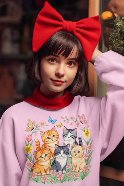 Cute Floral Cats Crewneck Sweatshirt — Kittens & Butterflies Graphic