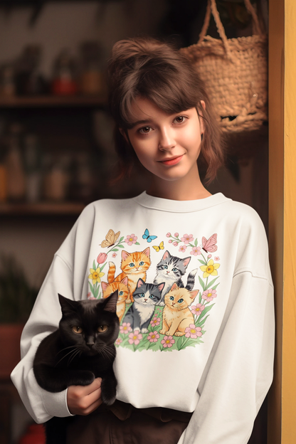 Cute Floral Cats Crewneck Sweatshirt — Kittens & Butterflies Graphic