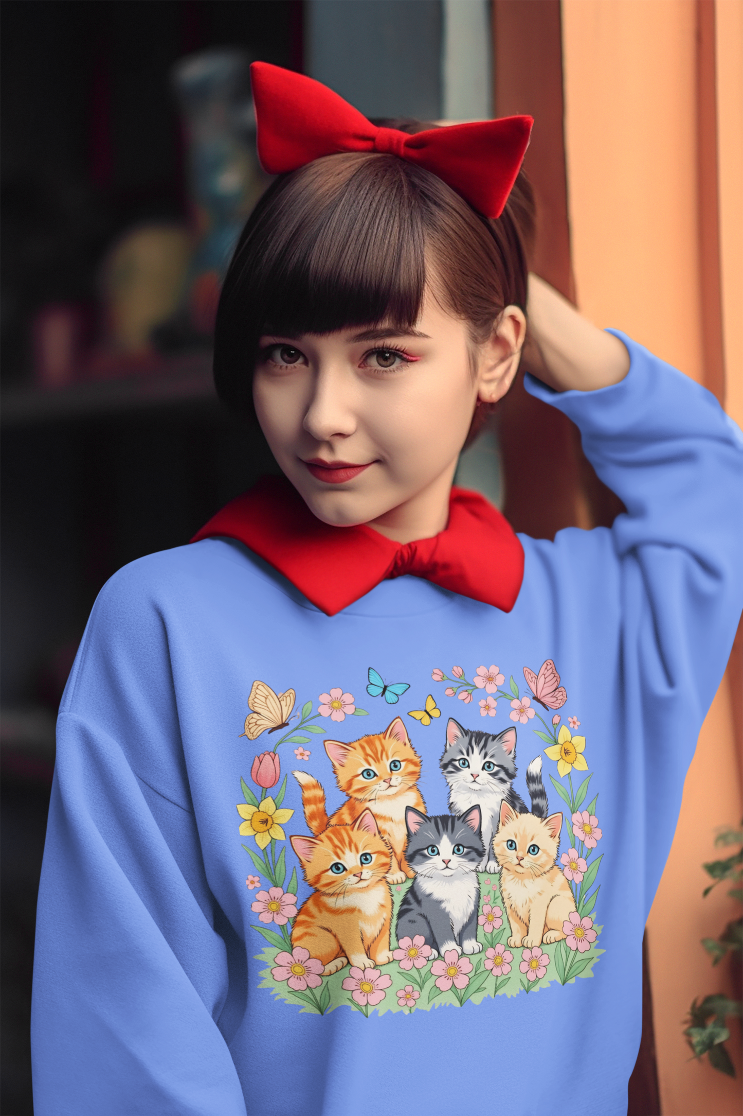 Cute Floral Cats Crewneck Sweatshirt — Kittens & Butterflies Graphic