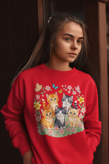 Cute Floral Cats Crewneck Sweatshirt — Kittens & Butterflies Graphic