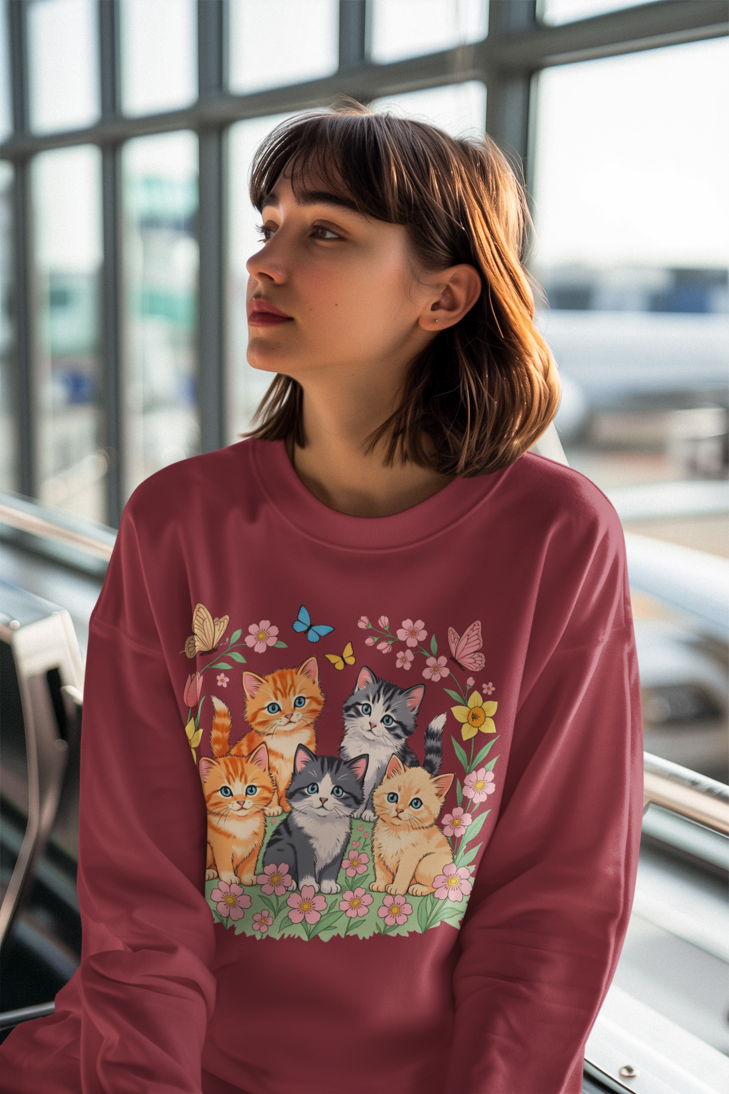 Cute Floral Cats Crewneck Sweatshirt — Kittens & Butterflies Graphic