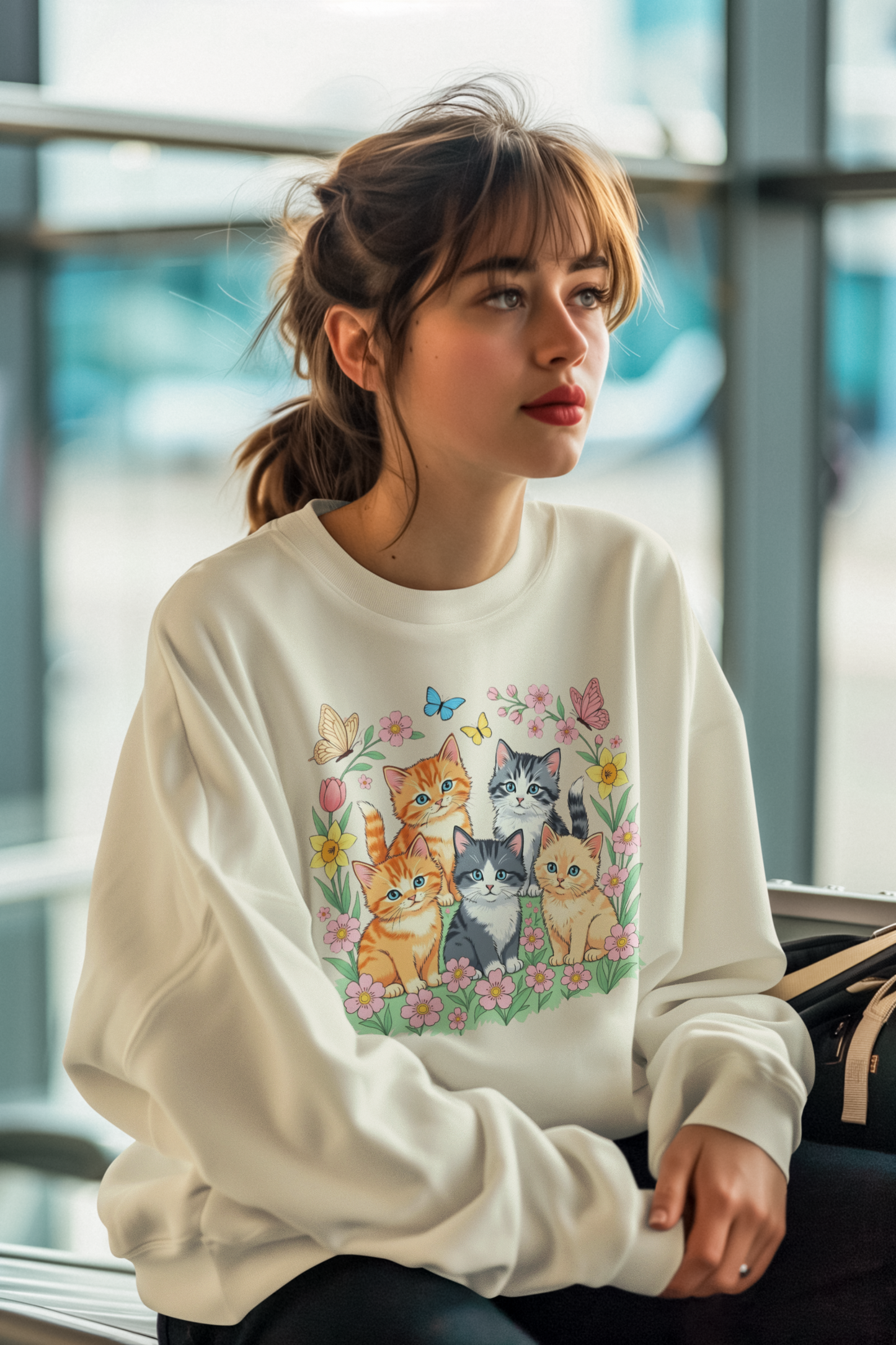 Cute Floral Cats Crewneck Sweatshirt — Kittens & Butterflies Graphic