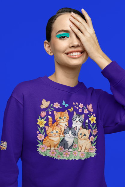 Cute Floral Cats Crewneck Sweatshirt — Kittens & Butterflies Graphic