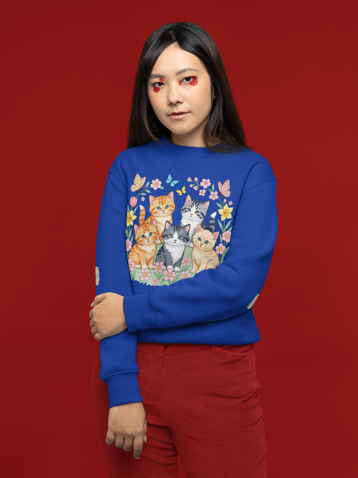 Cute Floral Cats Crewneck Sweatshirt — Kittens & Butterflies Graphic